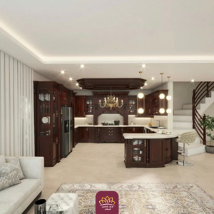 فصل أنيق بين المطبخ والمساحة المجاورة باستخدام عناصر تصميمية متناسقة تضيف لمسة جمالية وعملية.