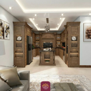 مطبخ مفتوح بتصميم عصري يجمع بين العملية والأناقة مع مساحة مدمجة مع غرفة المعيشة