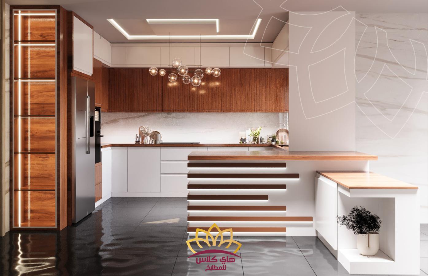 تصميم مطبخ نيوكلاسيك أنيق بألوان هادئة وخزائن خشبية راقية